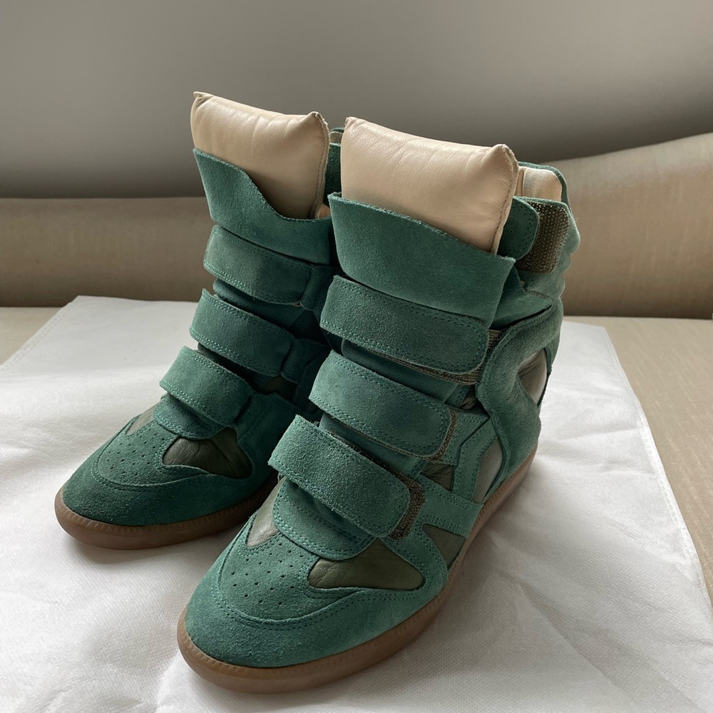 Isabel Marant Green Suede Wedge Sneakers with Cream Collar